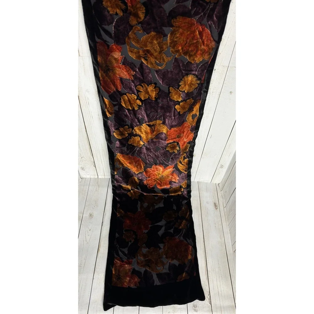 Floral Burnout Velvet Scarf Purple Orange Gold Sheer Evening Wrap Long 2459
